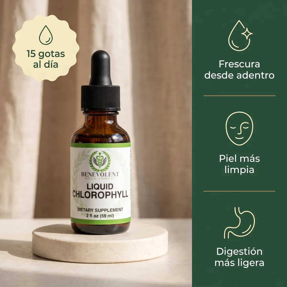 Frasco de clorofila liquida con la dosis de 15 gotas al dia